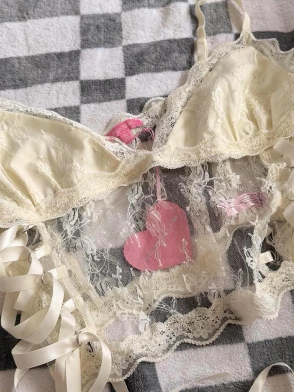 Sugar Thrillz Ivory Lace Bralette with Pink Heart Details
